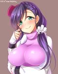  aqua_eyes blush breasts dated fur_trim hair_over_shoulder hat highres impossible_clothes large_breasts long_hair love_live! love_live!_school_idol_project purple_hair smile snow_halation solo toujou_nozomi twintails upper_body yu-ta 