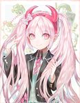  bow character_name danganronpa fake_horns hair_bow hairband highres jacket long_hair md5_mismatch monokuma ogino_atsuki open_clothes open_jacket pink_eyes pink_hair skirt smile solo twintails utsugi_kotoko very_long_hair zettai_zetsubou_shoujo 