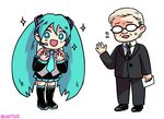  1boy 1girl animated animated_gif aqua_eyes aqua_hair artist_name boots buntoo commentary david_letterman formal glasses hatsune_miku headset long_hair lowres necktie opaque_glasses real_life suit very_long_hair vocaloid waving white_hair 