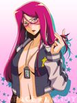  alternate_hairstyle blush breasts cleavage female glasses jacket jewelry lipstick long_hair makeup nanbu_arata navel no_bra nude open_clothes open_jacket red_lipstick scarlet_(space_dandy) solo space_dandy 
