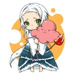  1girl barefoot blush chibi dark_souls eyebrows green_eyes horns priscilla_the_crossbreed shimauma souls_(from_software) tail thick_eyebrows white_hair 