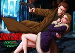  1girl aiming blonde_hair blue_eyes brown_eyes brown_hair building cityscape coat couple cyberpunk detective english gillian_seed gun handgun hetero holding hug husband_and_wife jamie_seed legs long_hair necktie night police raincoat realistic science_fiction shoes snatcher video_game weapon yorimitsu 