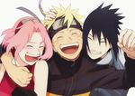  2boys black_hair blonde_hair closed_eyes forehead_protector good_end grin happy haruno_sakura laughing long_hair multiple_boys naruto naruto_(series) naruto_shippuuden oba-min open_mouth pink_hair short_hair smile uchiha_sasuke uzumaki_naruto 