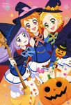  absurdres aikatsu! aikatsu!_(series) animage blonde_hair boots bow broom candy candy_cane cape checkerboard_cookie cookie food girl_sandwich green_eyes halloween hat highres hikami_sumire holding_hands ishihara_tomomi jack-o'-lantern legs multiple_girls non-web_source official_art ohnuki_yuji oozora_akari orange_hair otsuka_masumi pink_bow purple_eyes purple_hair red_eyes sakai_kasumi sandwiched school_uniform shinjou_hinaki short_hair starlight_academy_uniform witch_hat 