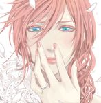  blue_eyes blush close-up colored_eyelashes eyelashes final_fantasy final_fantasy_xiii fingernails jewelry lightning_farron lips lipstick long_hair looking_at_viewer makeup nail_polish petals pink_hair ring simple_background solo wedding_ring white_background 