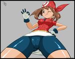  bandanna bike_shorts blue_eyes breasts brown_hair gloves haruka_(pokemon) highres impossible_clothes money_gesture pepipopo pokemon shiny shiny_clothes shiny_skin shorts skin_tight skintight thighs tongue 