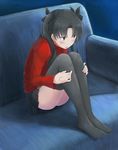  black_hair black_legwear black_ribbon blue_eyes blush command_spell couch fate/stay_night fate_(series) feet_on_chair hair_ribbon highres leg_hug legs long_hair long_legs looking_away no_shoes okitsugu open_mouth pleated_skirt ribbon sitting skirt solo thighhighs toosaka_rin two_side_up 