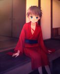  amano-sora black_hair blue_eyes blush child japanese_clothes looking_at_viewer male_focus nanaya_shiki open_clothes scar sitting smile solo tatami toono_shiki tsukihime younger 