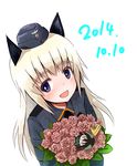  2014 :d aksman animal_ears bad_id bad_pixiv_id birthday black_ribbon blonde_hair blush bouquet brown_hair cat_ears character_doll commentary dated dog_ears flower garrison_cap gertrud_barkhorn hat helma_lennartz holding leaf long_hair long_sleeves military military_uniform open_mouth pink_flower pink_rose purple_eyes ribbon rose simple_background smile solid_circle_eyes solo twintails uniform white_background world_witches_series 