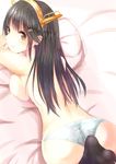  back bad_id bad_pixiv_id black_hair black_legwear breasts brown_eyes dutch_angle from_behind hair_ornament hairclip haruna_(kantai_collection) headgear kantai_collection large_breasts long_hair looking_at_viewer looking_back lying on_bed on_stomach onapan panties pillow sideboob smile socks solo striped striped_panties topless underwear underwear_only upper_body 