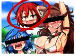  animal_ears armpits arms_behind_head bar_censor bikini blue_hair blush bow breasts brown_hair censored cleavage commentary_request disembodied_head fang grass_root_youkai_network hair_bow head_fins identity_censor imaizumi_kagerou large_breasts long_hair micro_bikini multiple_girls open_mouth pointless_censoring red_eyes red_hair rindou_(p41neko) sekibanki swimsuit touhou very_long_hair wakasagihime wolf_ears 
