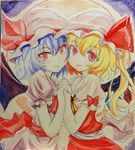  bat_wings blonde_hair blue_hair blush cheek-to-cheek flandre_scarlet holding_hands interlocked_fingers looking_at_viewer multiple_girls puffy_short_sleeves puffy_sleeves red_eyes remilia_scarlet shikishi short_hair short_sleeves siblings side_ponytail sisters touhou traditional_media wings yagami_(mukage) 