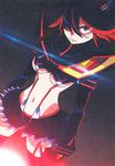  black_hair blue_eyes boots breasts hair_over_one_eye kill_la_kill matoi_ryuuko microskirt midriff moire multicolored_hair navel pleated_skirt red_hair revealing_clothes scan scan_artifacts senketsu short_hair skirt solo sushio suspenders symbol-shaped_pupils thigh_boots thighhighs two-tone_hair underboob 