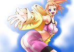  :d armpits ass bike_shorts blue_eyes breasts brown_hair collarbone gundam gundam_build_fighters gundam_build_fighters_try hoshino_fumina jacket kangakuraku12 large_breasts midriff navel open_mouth outstretched_hand ponytail scrunchie smile solo sports_bra 