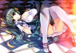  absurdres blue_eyes bow breasts checkered checkered_floor gloves green_hair high_heels highres knees_together_feet_apart knees_up lying medium_breasts melon-chan melonbooks misaki_kurehito panties twintails underwear white_gloves white_panties yellow_bow 