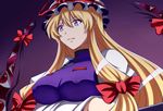  blonde_hair bow breast_rest breasts closed_fan commentary_request covered_nipples dress eyes fan folding_fan gap grin hair_bow hat hat_ribbon highres holding kyoukyan large_breasts lips long_hair long_sleeves mob_cap puffy_long_sleeves puffy_sleeves purple_background purple_eyes ribbon ribbon_trim smile solo tabard teeth touhou upper_body white_dress yakumo_yukari 