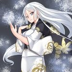  1girl black breasts floral_print flower_print gold grey_eyes japanese_clothes kimono long_hair looking_at_viewer medium_breasts pale_skin smile snow white white_hair 