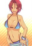  bikini bracelet breasts fang free! genderswap genderswap_(mtf) highleg highleg_bikini highleg_swimsuit jewelry large_breasts matsuoka_rin memeo_(candy_house) open_mouth pants_pull pulled_by_self red_eyes red_hair short_hair smile swimsuit 