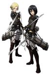  2girls annie_leonhardt black_hair blonde_hair blue_eyes breasts medium_breasts mikasa_ackerman multiple_girls shingeki_no_kyojin short_hair standing sword three-dimensional_maneuver_gear weapon white_background 