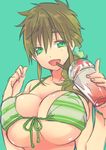  bikini breasts brown_hair clover drink drinking_straw free! genderswap genderswap_(mtf) green_eyes hair_ornament huge_breasts memeo_(candy_house) open_mouth smile swimsuit tachibana_makoto 