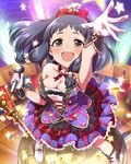  alternate_costume artist_request black_hair blush breasts brown_eyes cleavage dress frilled_dress frills gloves idolmaster idolmaster_cinderella_girls large_breasts microphone official_art oonuma_kurumi roulette smile solo strapless strapless_dress tearing_up 