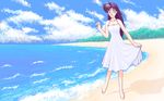  :d barefoot closed_eyes cloud day dithering dress dress_lift halterneck happy long_hair open_mouth pixel_art purple_hair seaside shadow smile solo spiked_hair sundress 