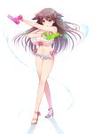  :o bikini blush breasts brown_hair cleavage dual_wielding front-tie_top hair_ornament high_heels holding huge_breasts hyuuga_takashi long_hair maya_yukiko navel plaid red_eyes saki shiny shiny_skin solo strap_gap swimsuit water water_gun 