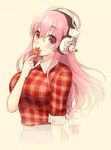  blush breasts headphones large_breasts leaf long_hair looking_at_viewer nekokan_masshigura nitroplus pink_eyes pink_hair smile solo super_sonico 