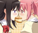  akemi_homura bad_id bad_pixiv_id black_hair blush bow bowtie cream_puff eating eye_contact food food_in_mouth gobou_1000 kaname_madoka looking_at_another mahou_shoujo_madoka_magica mouth_hold multiple_girls pink_hair purple_eyes red_eyes school_uniform sharing_food sweatdrop yuri 