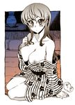  bad_id bad_pixiv_id blush breast_slip breasts cleavage futon halftone japanese_clothes kusanagi_tonbo large_breasts long_hair looking_at_viewer monochrome nipples off_shoulder one_breast_out original pillow solo tatami white_background 