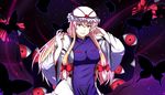  armband blonde_hair bow breasts bug butterfly commentary_request cowboy_shot darkness dress eyes gap hair_bow hands_up hat hat_ribbon highres hips holding insect kyoukyan large_breasts long_hair long_sleeves looking_at_viewer mob_cap night puffy_long_sleeves puffy_sleeves purple_eyes ribbon smile solo tabard teeth touhou white_dress wide_sleeves yakumo_yukari 
