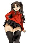  asanagi bad_id bad_twitter_id black_hair black_legwear breasts chestnut_mouth contrapposto fate/stay_night fate_(series) from_below green_eyes hair_ribbon hand_on_hip inactive_account jpeg_artifacts long_hair looking_at_viewer looking_down parted_lips pleated_skirt ribbon simple_background skirt small_breasts solo standing sweater thick_thighs thighhighs thighs toosaka_rin tsurime two_side_up white_background 