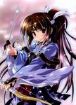  absurdres arrow bow_(weapon) brown_hair hachimaki headband highres inahime_(sengoku_musou) japanese_clothes kimono komatsu_eiji ponytail purple_eyes sengoku_musou weapon 