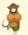 animal_ears arms_behind_back breasts brown_hair cat_ears cat_tail collar covered_navel covered_nipples haruka_(muneneko) huge_breasts impossible_clothes impossible_sweater long_sleeves looking_at_viewer muneneko orange_shirt original red_eyes ribbed_sweater shirt shorts simple_background solo sweatdrop sweater tail 