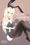  animal_ears blonde_hair blue_eyes blush bunny_tail bunnysuit character_name cuffs detached_collar fake_animal_ears hat helma_lennartz highres iron_cross long_hair oi_ke open_mouth pantyhose solo tail world_witches_series 