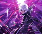  add_(elsword) black_sclera bodysuit diabolic_esper_(elsword) elsword energy gloves grin jya male_focus purple purple_background purple_eyes sharp_teeth smile solo teeth white_hair 