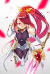  bare_shoulders blazblue blazblue:_chronophantasma bodysuit breasts cleavage detached_sleeves izayoi_(blazblue) large_breasts niimaru red_eyes red_hair solo sword weapon wide_ponytail 