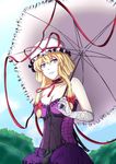  absurdres bare_shoulders blonde_hair blue_sky bow breasts choker cleavage cloud collarbone commentary_request corset day dress ears elbow_gloves frills gloves hair_bow hair_up hat hat_ribbon head_tilt highres holding holding_umbrella kyoukyan large_breasts long_hair looking_to_the_side mob_cap parted_lips purple_dress purple_eyes ribbon ribbon_choker ribbon_trim sky smile solo teeth touhou tree umbrella yakumo_yukari 
