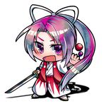  chibi danmaku highres japanese_clothes katana long_hair meira nanai07 open_mouth ponytail purple_eyes purple_hair simple_background smile solo sword touhou touhou_(pc-98) weapon white_background 