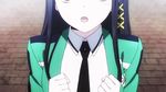  1girl animated animated_gif black_hair blue_eyes female hair_ornament hime_cut leaning leaning_forward long_hair looking_at_viewer mahouka_koukou_no_rettousei necktie school_uniform serious shiba_miyuki solo talking 