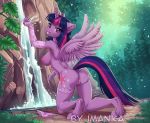  2019 anthro areola big_breasts breasts butt cutie_mark digital_media_(artwork) equine feathered_wings feathers female friendship_is_magic hair horn imanika mammal multicolored_hair multicolored_tail my_little_pony nipples purple_eyes purple_feathers pussy solo twilight_sparkle_(mlp) waterfall winged_unicorn wings 