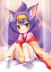  animal_ear_fluff animal_ears blush fox_ears fox_tail hairband hatsuse_izuna japanese_clothes kimono looking_at_viewer no_game_no_life purple_hair short_hair solo tail tougo yellow_eyes 