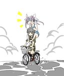  bangs bicycle black_hair blue_hair blunt_bangs braid carrying closed_eyes commentary ground_vehicle hair_ribbon hands_on_another's_head happy i-19_(kantai_collection) kantai_collection kitakami_(kantai_collection) long_hair multiple_girls on_liquid one-piece_swimsuit open_mouth ribbon riding school_swimsuit school_uniform serafuku shoulder_carry smile swimsuit twintails water yanagihara_tantoui 