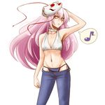  alternate_costume arm_at_side armpits bare_shoulders bikini_jeans bikini_top breasts cleavage denim eighth_note expressionless fox_mask hand_on_own_head hata_no_kokoro jeans long_hair looking_away lowleg lowleg_pants mask meme_attire midriff mizu_manjuu musical_note navel pants pink_eyes pink_hair simple_background small_breasts solo speech_bubble spoken_musical_note touhou underwear very_long_hair white_background 