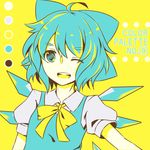  1girl bad_id bad_pixiv_id blue_eyes blue_hair bow cirno color_guide english hair_bow ice ice_wings neck one_eye_closed open_mouth ribbon senkaze short_hair short_sleeves solo touhou wings yellow_background 