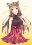  animal_ears arios_(orochi_yuta) arm_behind_back bangs bare_shoulders blunt_bangs breasts brown_hair gradient gradient_background grin long_hair looking_at_viewer medium_breasts original red_eyes skirt sleeveless smile solo straight_hair yellow_background 