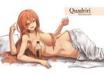  1girl :d alcohol armpits blanket blush borrowed_character breasts character_name hair_censor hitokuirou large_breasts long_hair looking_at_viewer lying multiple_arms navel nude on_bed on_side one_eye_closed open_mouth orange_eyes orange_hair original pillow quadriri_(lansane) scar signature simple_background smile solo white_background 