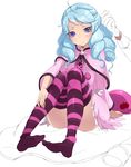  1girl bad_id bad_twitter_id blue_eyes blue_hair blush colored_stripes dress drill_hair expressionless eyelashes gloves happinesscharge_precure! hosshiwa light_blue_hair looking_at_viewer mogiki_hayami namakeruda pink_dress precure sitting sketch striped striped_legwear thighhighs thighs white_gloves 