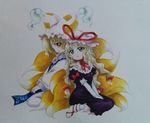  bad_id bad_pixiv_id blonde_hair bow fox_tail hair_bow hat long_hair multiple_girls multiple_tails official_style oota_jun'ya_(style) parody purple_eyes ribbon short_hair shu_(loveeater) sitting smile style_parody tabard tail touhou traditional_media yakumo_ran yakumo_yukari yellow_eyes 