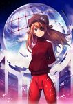  blue_eyes earth eyepatch hands_in_pockets hat hat_with_ears highres jacket kanini light_brown_hair long_hair long_sleeves looking_at_viewer neon_genesis_evangelion plugsuit rebuild_of_evangelion shikinami_asuka_langley solo souryuu_asuka_langley track_jacket 